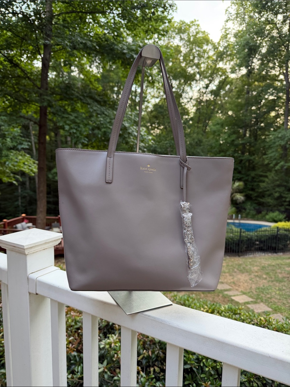kate spade gold logo on taupe interior Tote approximately 16x11x5